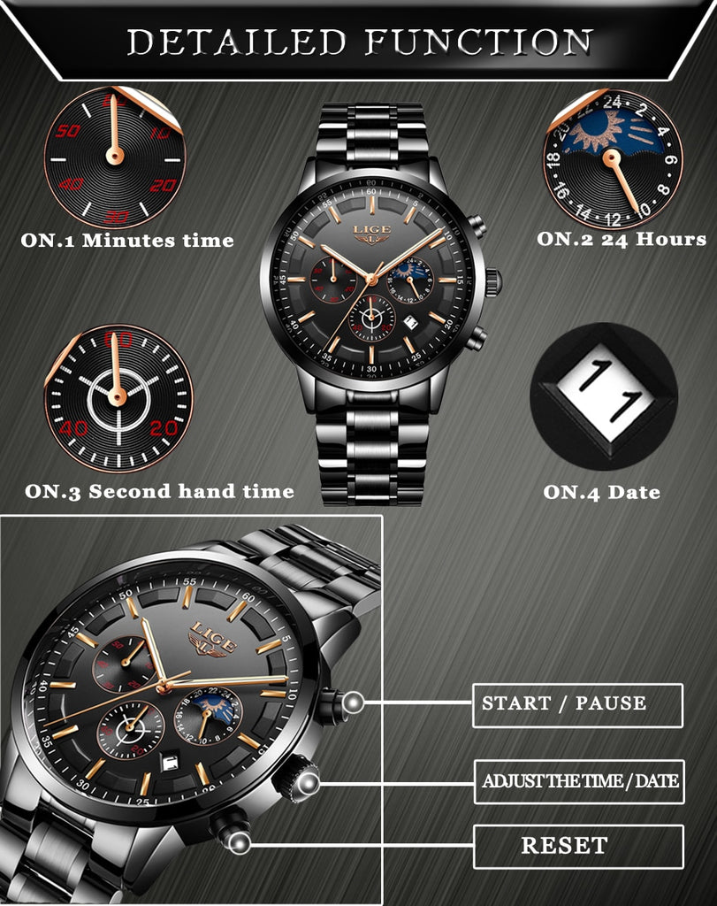 Fashion Sport Quartz Moon phase Business Waterproof